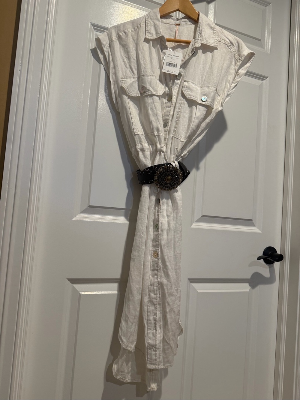 Free People White linen shirt dress with real leather sunburst belt